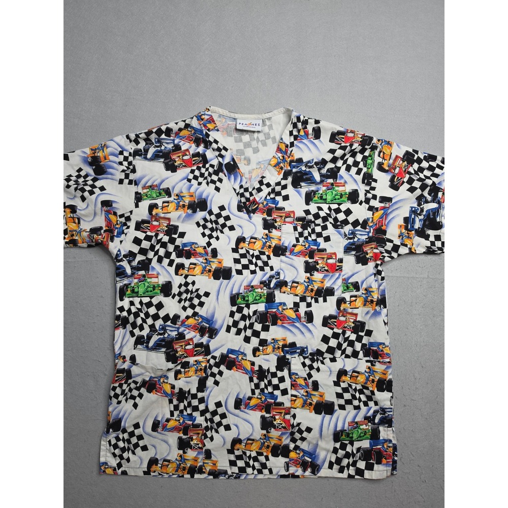 Peaches Uniforms Scrub Top Women's XS White Racing Car Short Sleeve Medical